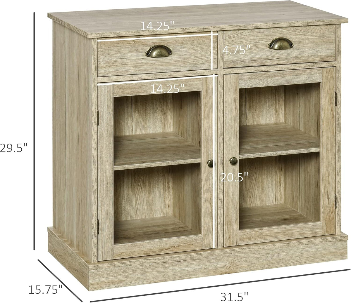 Oak Sideboard Storage Cabinet with 2 Glass Doors and 2 Drawers O234