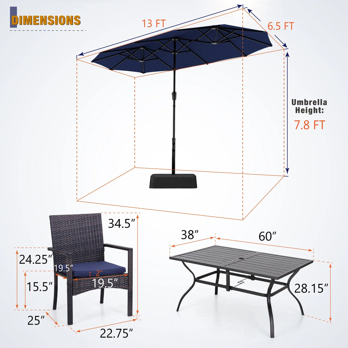 8-Piece Outdoor Patio Set with 13 ft Navy Umbrella I6767