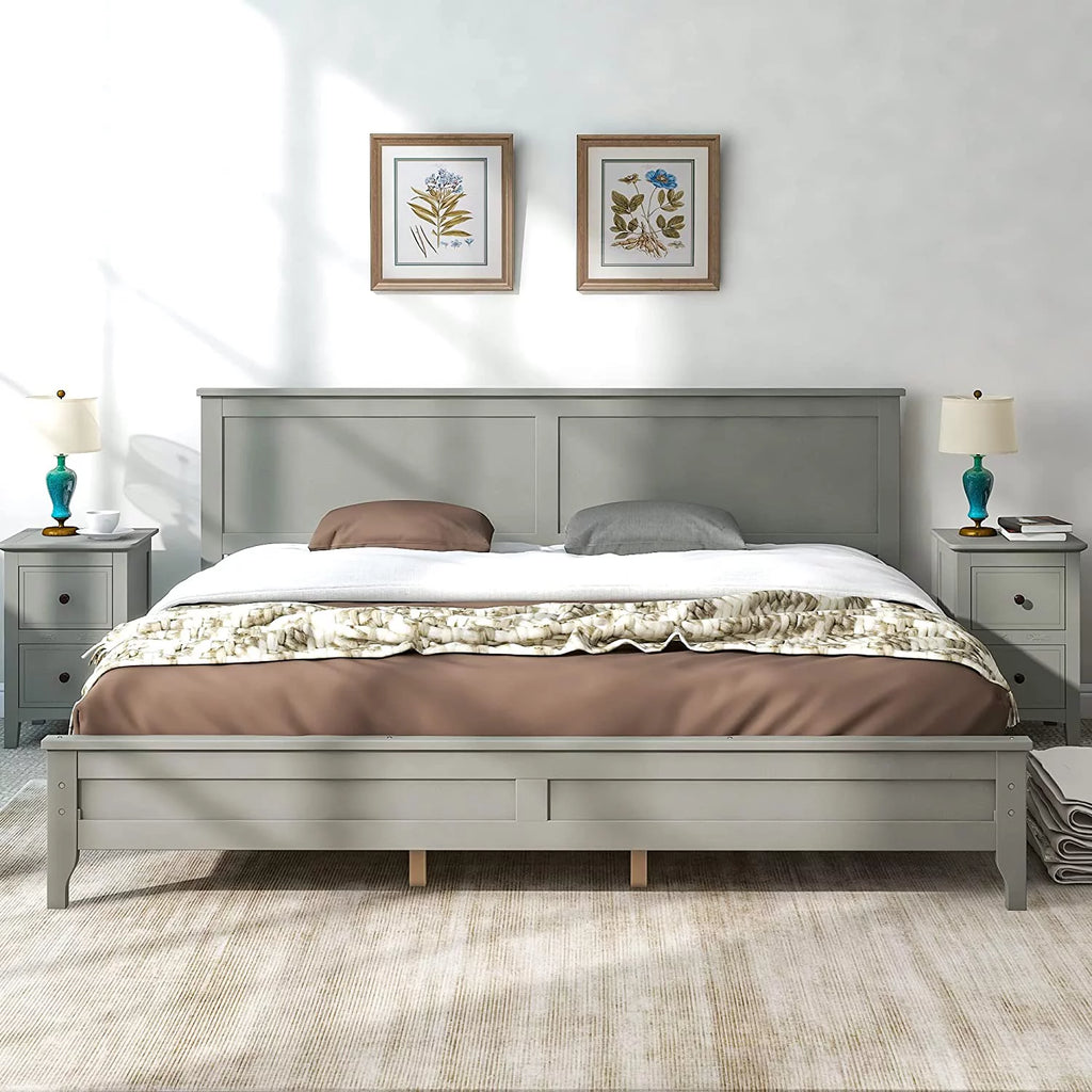 King Size Wood Platform Bed Frame with Headboard and Slat Support, Grey W2152