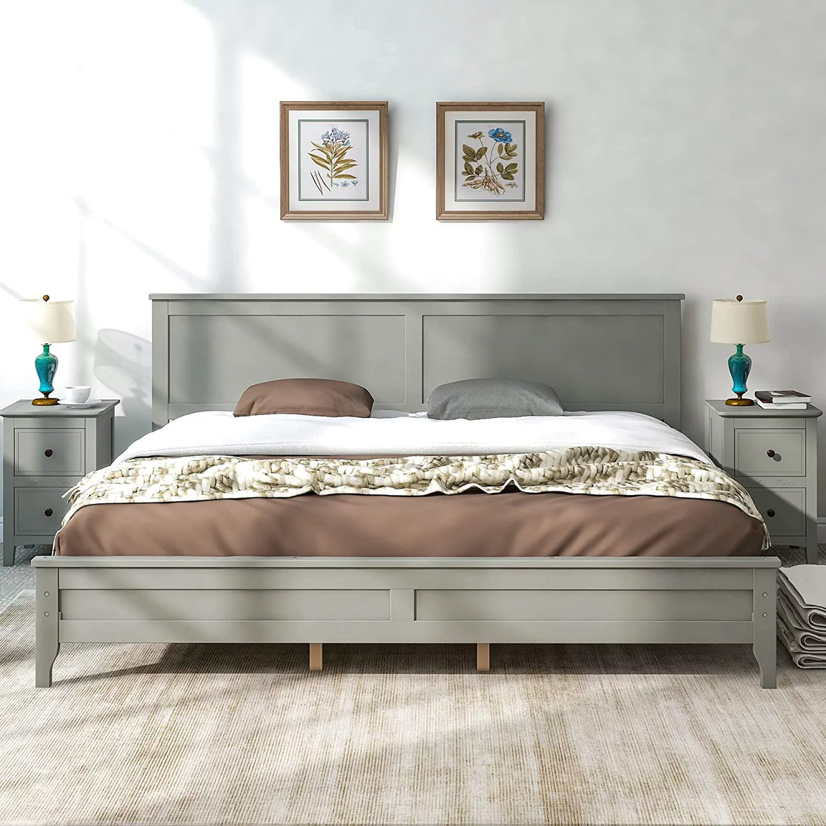 King Size Wood Platform Bed Frame with Headboard and Slat Support, Grey W2152