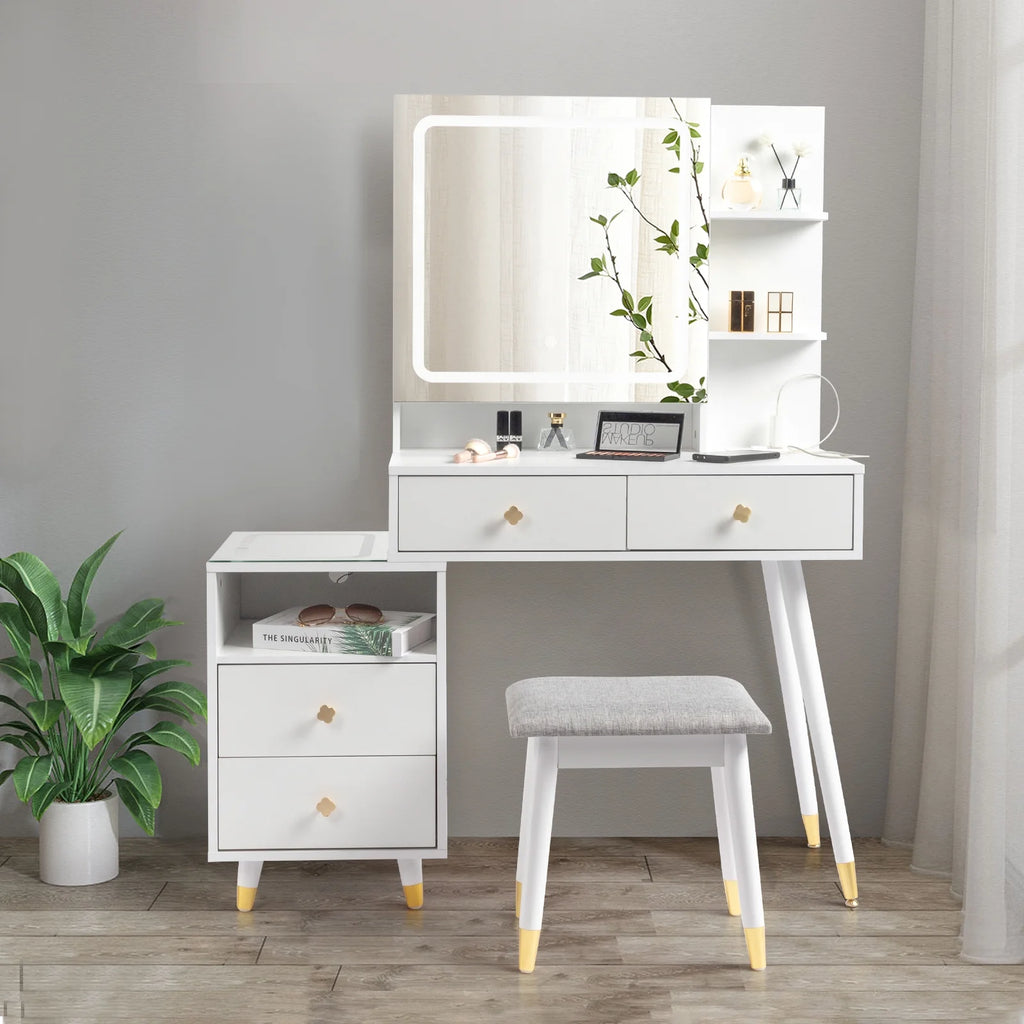 White Lighted Vanity Table Set with LED Nightstand S512