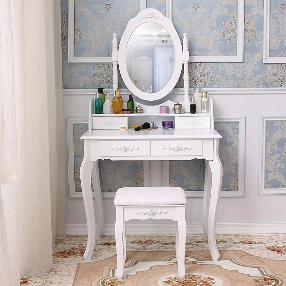 White Vanity Table Set with Mirror and 4 Drawers H637303