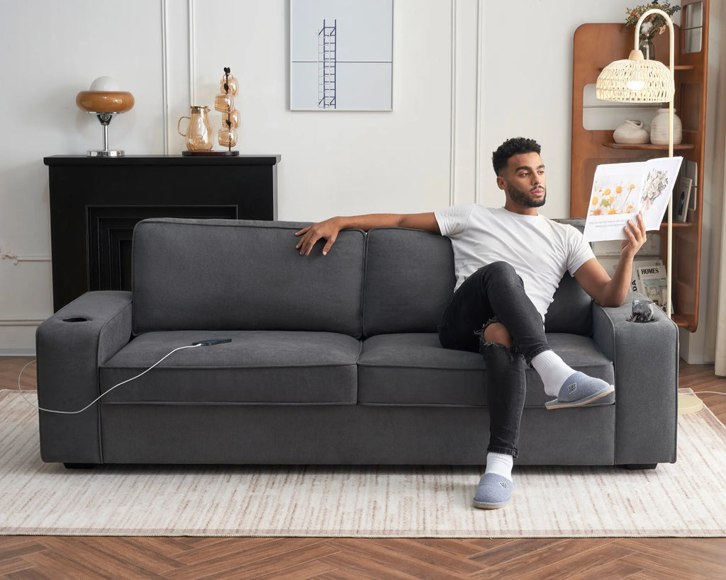 89 inch Grey Chenille Sofa with USB Charging Ports & Cup Holders Q549628