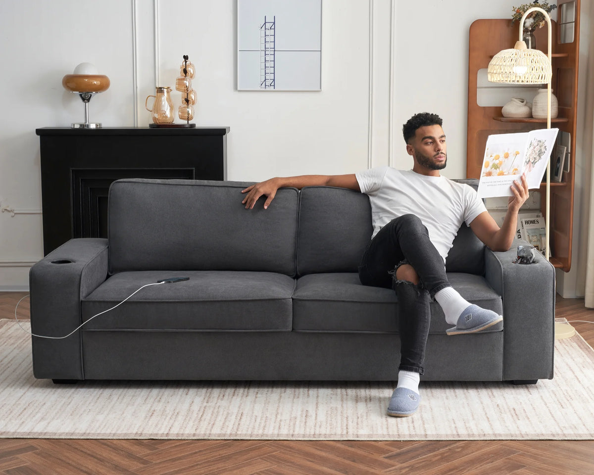 89 inch Grey Chenille Sofa with USB Charging Ports & Cup Holders Q549628