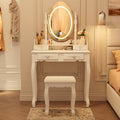 White Vanity Desk with Mirror and Lights, 4 Drawers and Cushioned Stool Set M3058