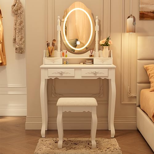 White Vanity Desk with Mirror and Lights, 4 Drawers and Cushioned Stool Set M3058