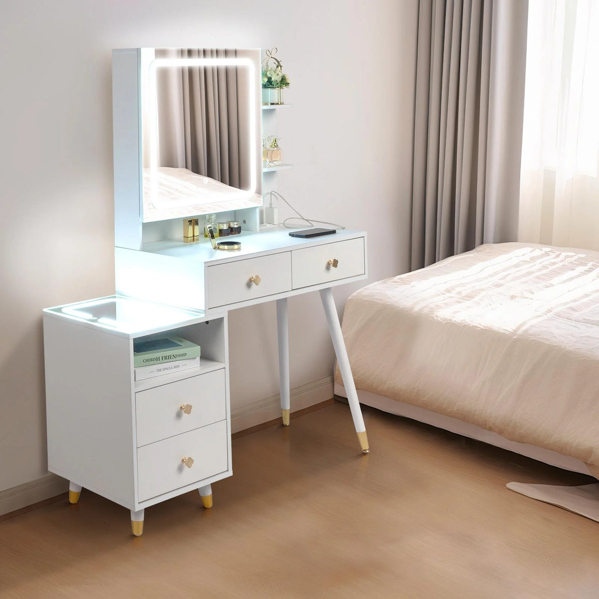 White Lighted Vanity Table Set with LED Nightstand S512