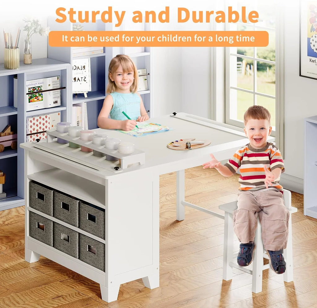 Wooden Kids Art Table and Chair Set with Storage Shelves L212