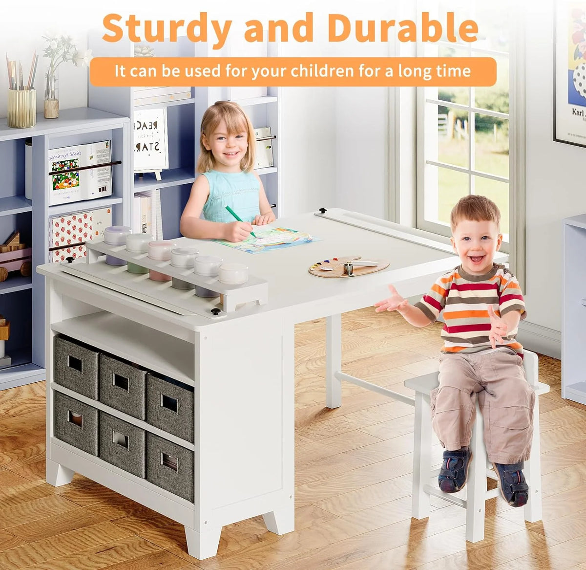 Wooden Kids Art Table and Chair Set with Storage Shelves L212