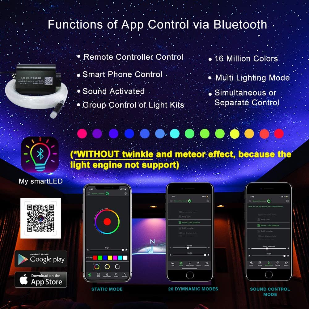 16W Fibre Optic Star Ceiling Light Kit RGBW Sound Sensor with Remote and Fiber Cable 550pcs 0.75mm 13.1ft/4m R62082