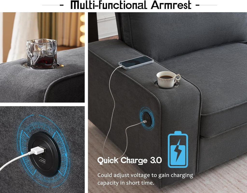89 inch Grey Chenille Sofa with USB Charging Ports & Cup Holders Q549628