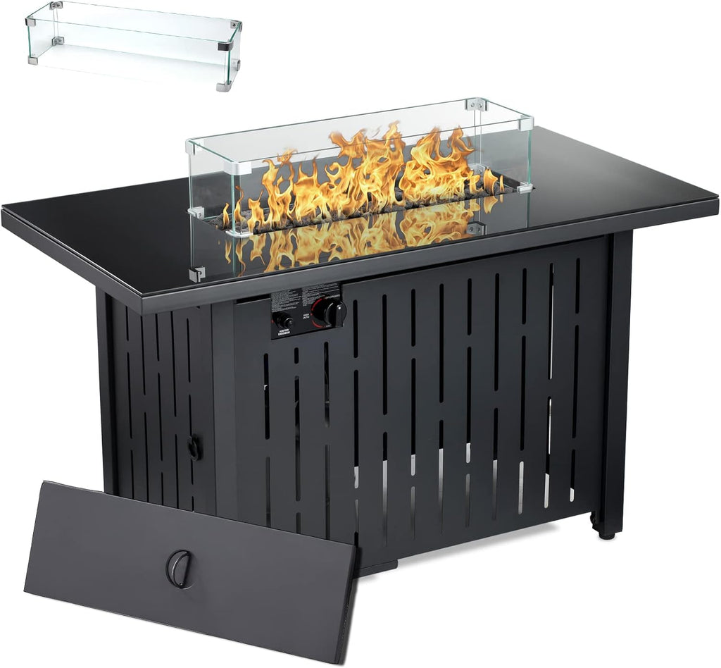 Propane Fire Pit Table 43 in 60,000BTU Auto-Ignition with Glass Wind Guard U248