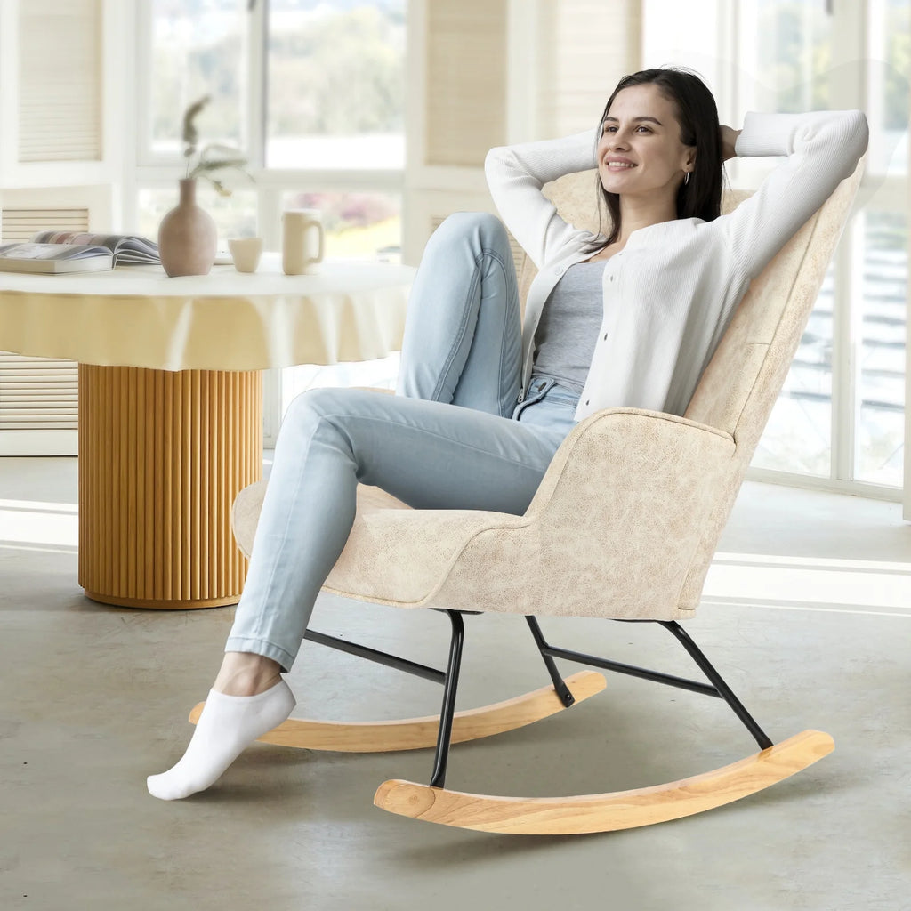 Polyester Fabric Rocking Chair with Wooden Base and Armrests White P350373