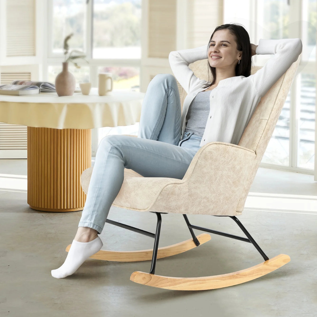 Polyester Fabric Rocking Chair with Wooden Base and Armrests White P350373