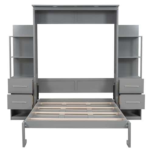Queen Murphy Bed with LED Lights and Storage Drawers E44629