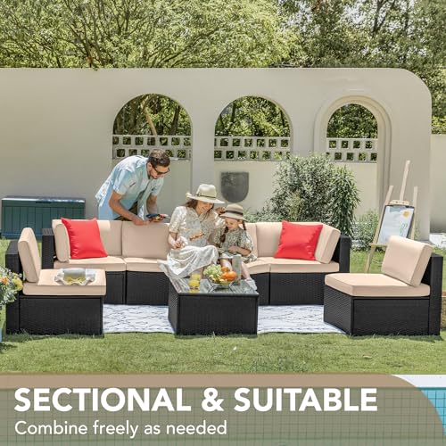 7 Pieces Wicker Rattan Outdoor Sectional Sofa Set with Cushion and Glass Table K46242
