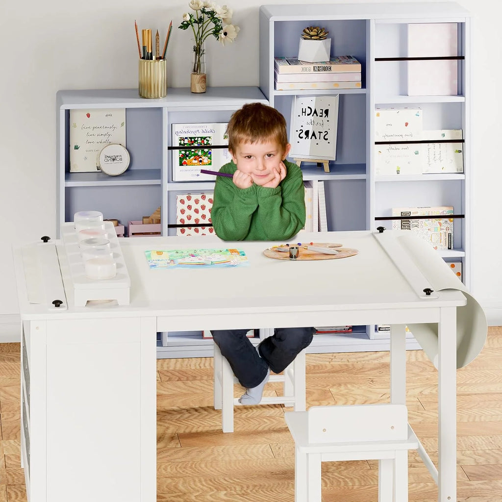 Wooden Kids Art Table and Chair Set with Storage Shelves L212
