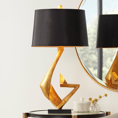 28.5" Tall Gold Leaf Metal Table Lamp with Black Fabric Shade O947113