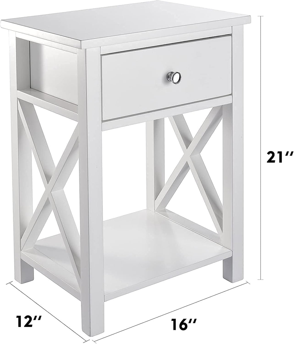 White Wooden Side End Table with Bin Drawer Set of 2 D925605