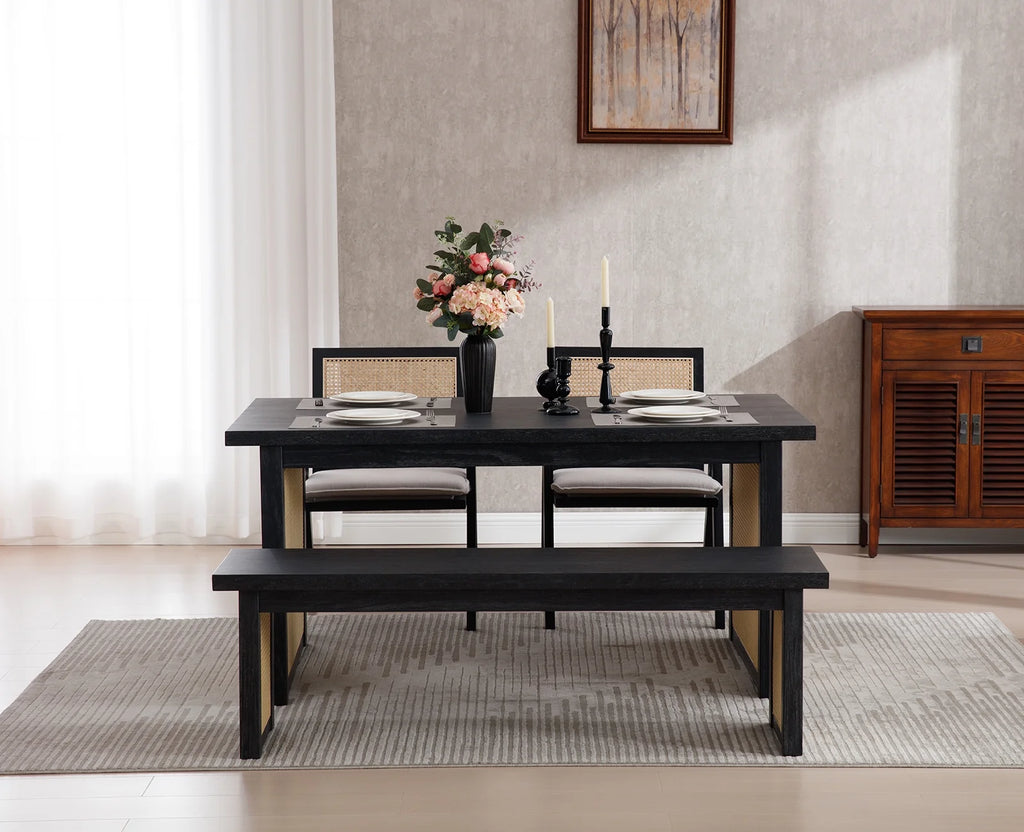 63" Solid Wood Rectangular Dining Table with Rattan Legs N413