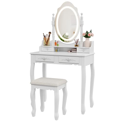 White Vanity Desk with Mirror and Lights, 4 Drawers and Cushioned Stool Set M3058