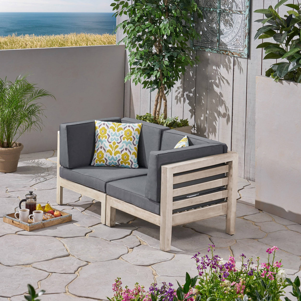 2-Seater Acacia Wood Outdoor Loveseat Set with Cushions L715289