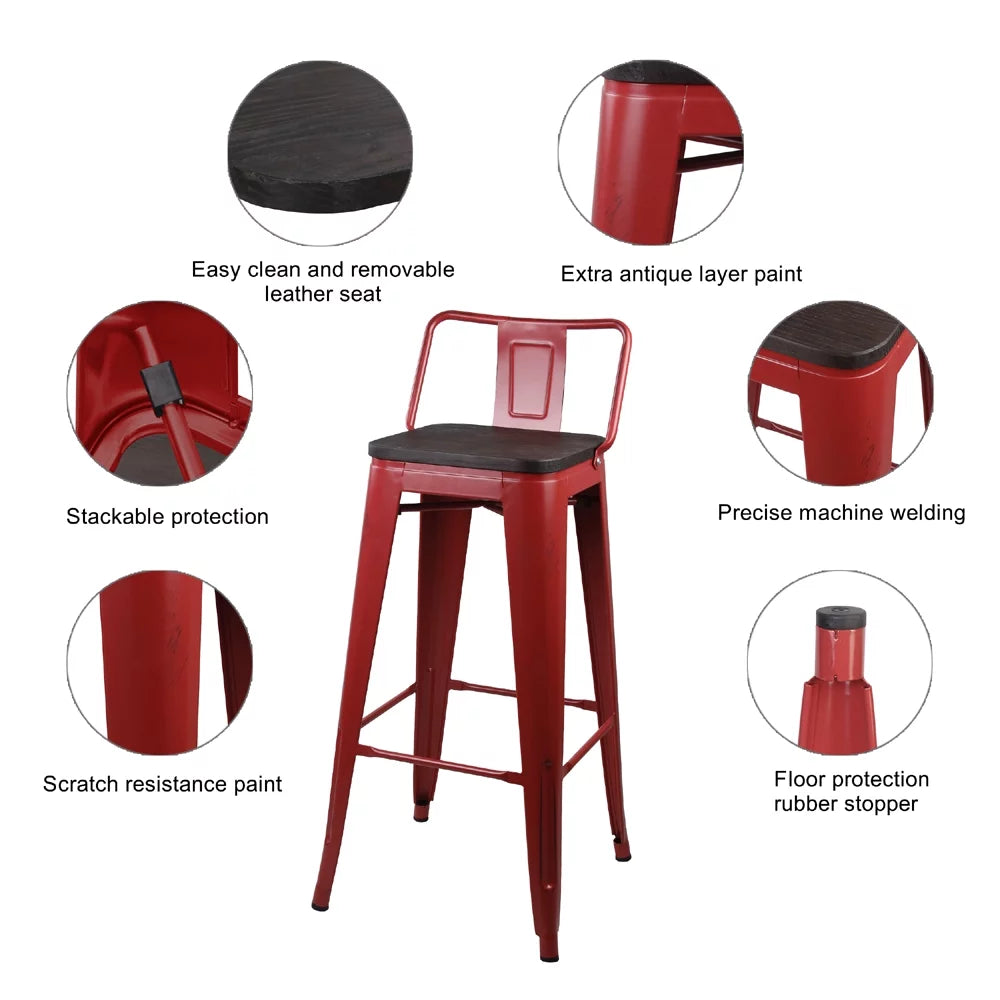 Red 30 inch Low Back Metal Barstools with Wood Seat, Set of 6 I133896