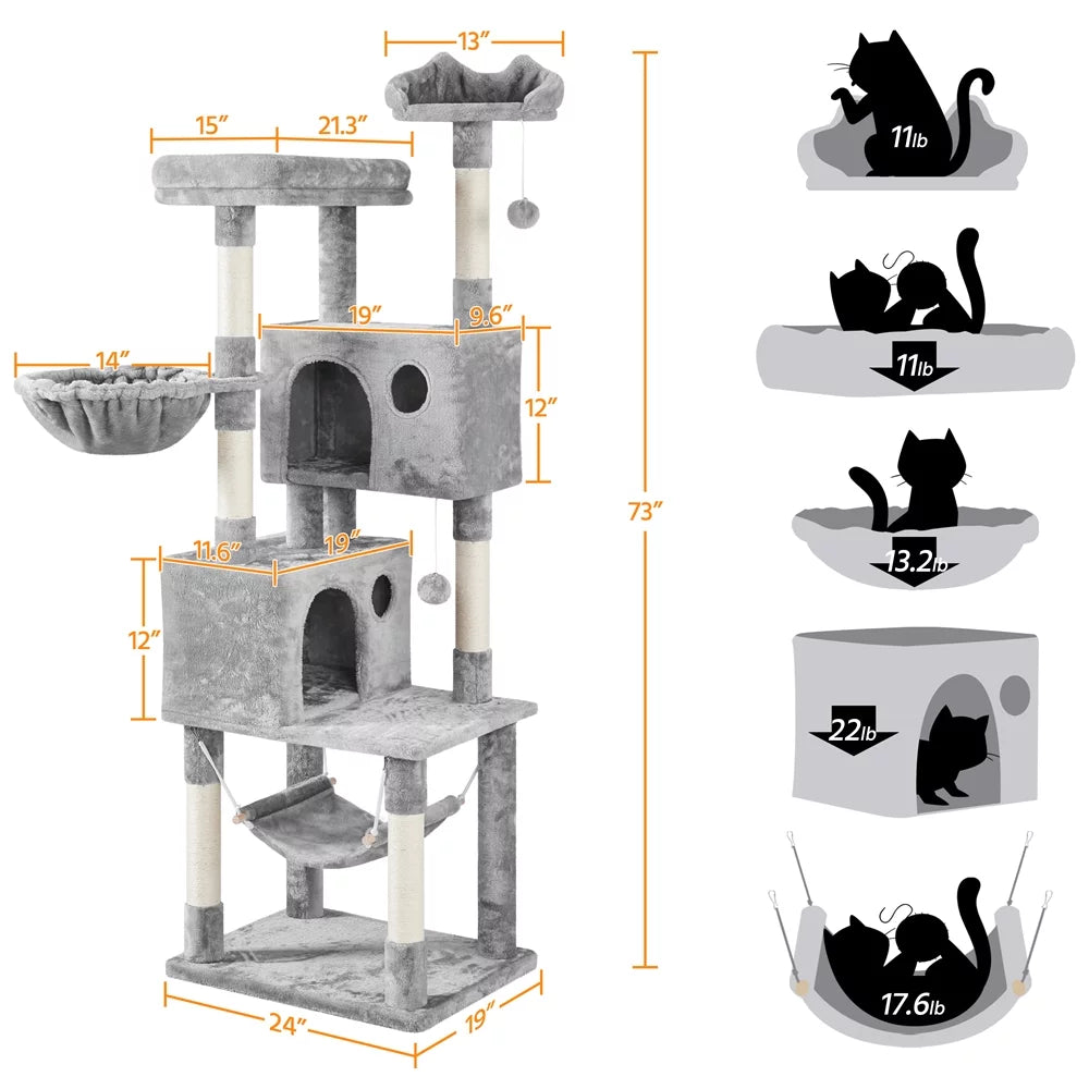 73''H Multilevel Cat Tree with 2 Condos & Scratching Posts B5901