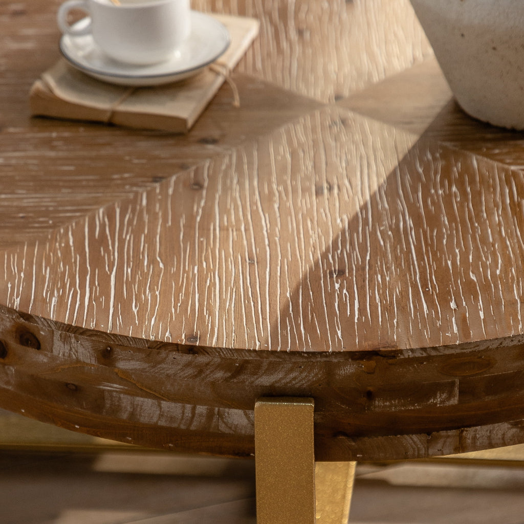 Modern Wood Round Coffee Table with Gold Cross Legs M583
