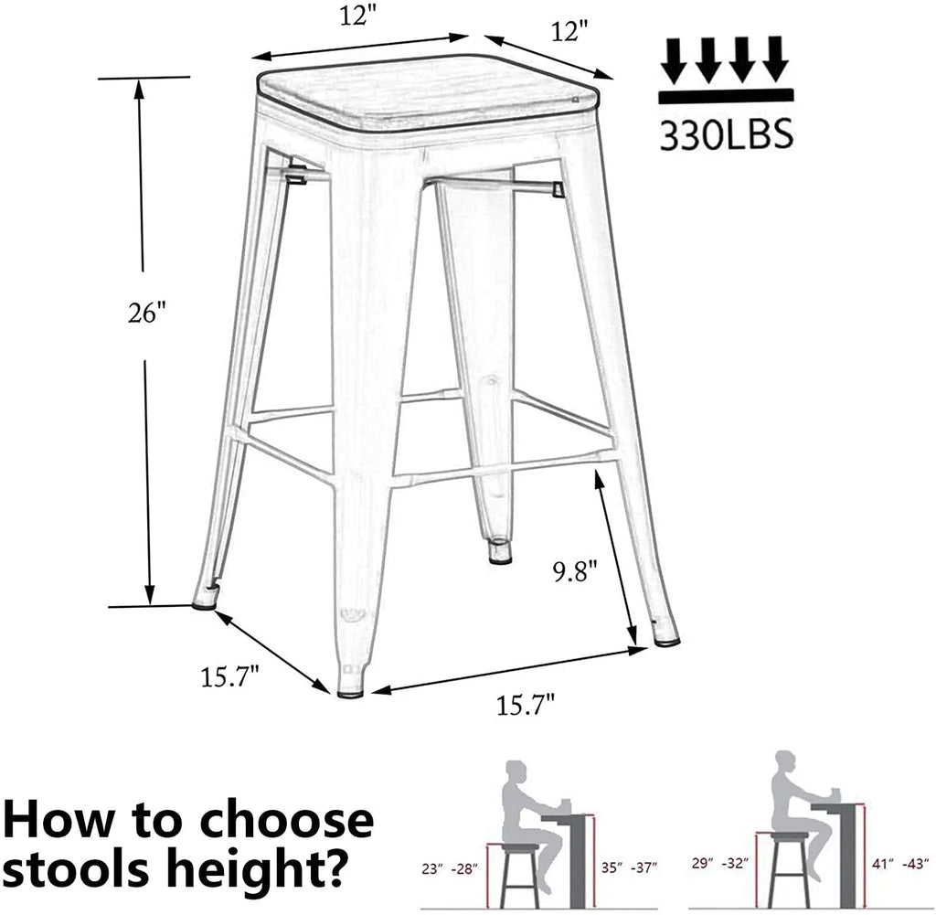 Set of 4 Metal Bar Stools Wood Seat Backless Q3484
