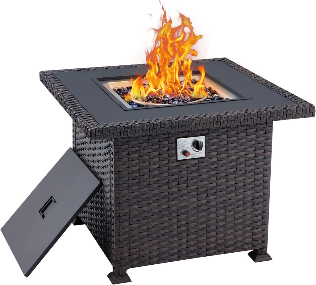 38 Inch 50,000 BTU Round Propane Fire Pit Table with Lid and Fire Glass T5952