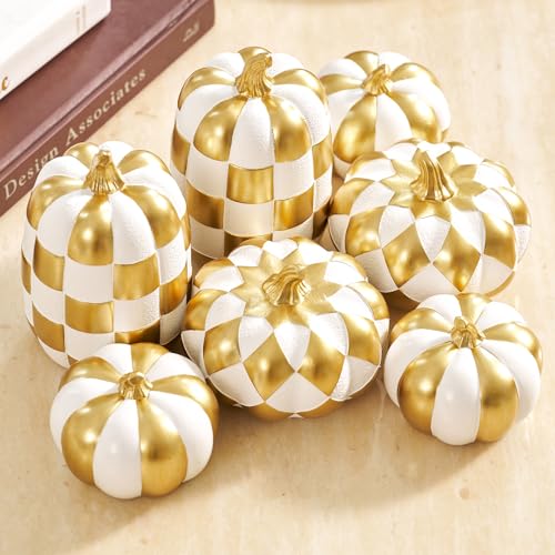 7Pcs Black and White Faux Checkered Pumpkins R10421