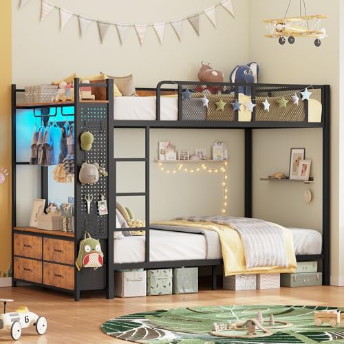 White Metal Twin Over Twin Bunk Bed with 4 Storage Drawers A7263