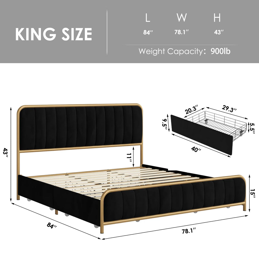 Queen Size Beige Upholstered Platform Bed with 4 Storage Drawers W214
