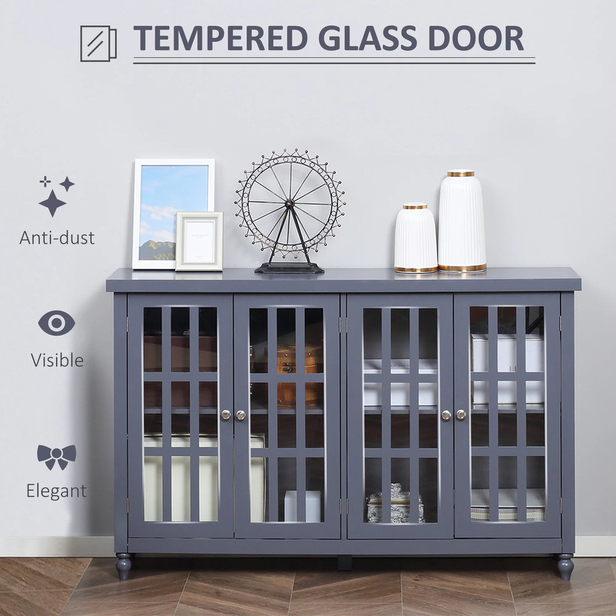 Gray Sideboard Buffet Cabinet with 4 Glass Doors Z3662