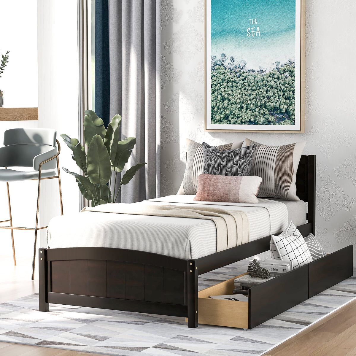 Twin Size Espresso Wood Platform Bed with Headboard and Storage Drawers A620