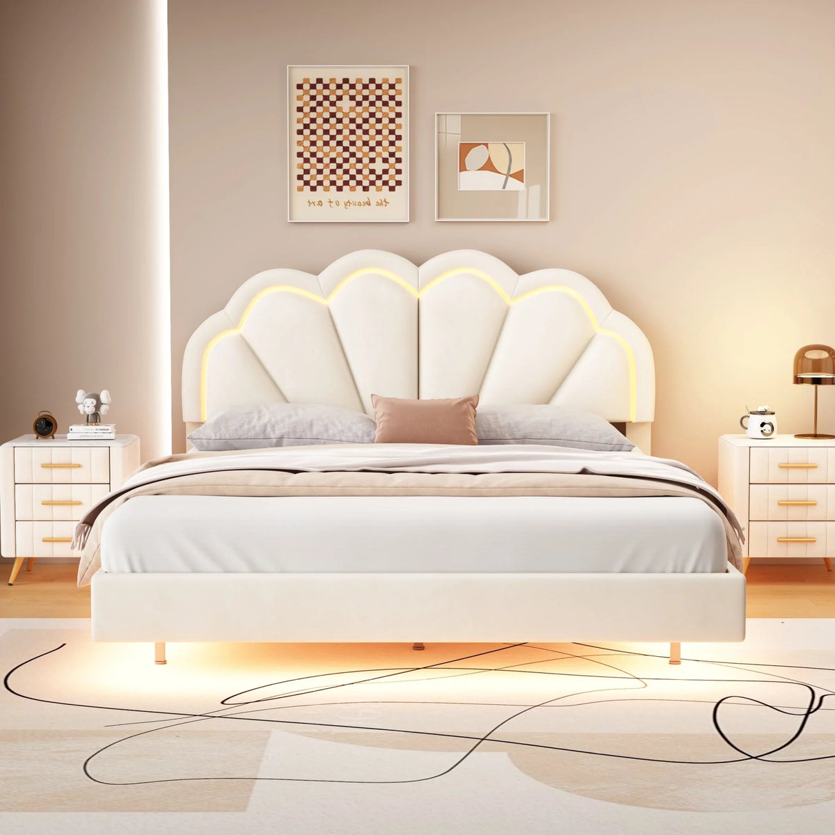 Queen Size Platform Bed Frame with LED - Beige G6299