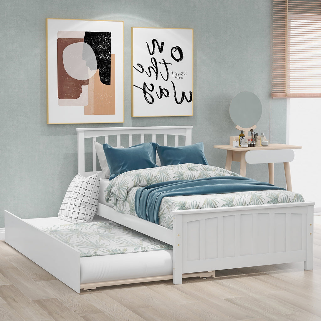 White Solid Wood Twin Platform Bed with Trundle K827