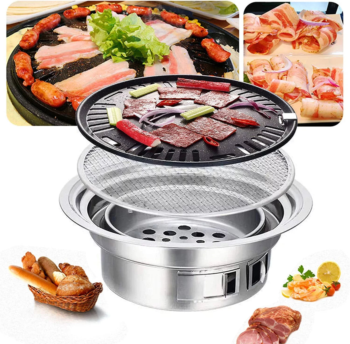 Round BBQ Charcoal Grill Non-stick Portable Stainless Steel A408