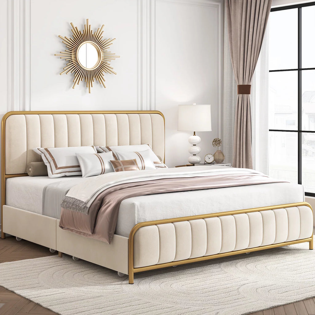Queen Size Beige Upholstered Platform Bed with 4 Storage Drawers W214