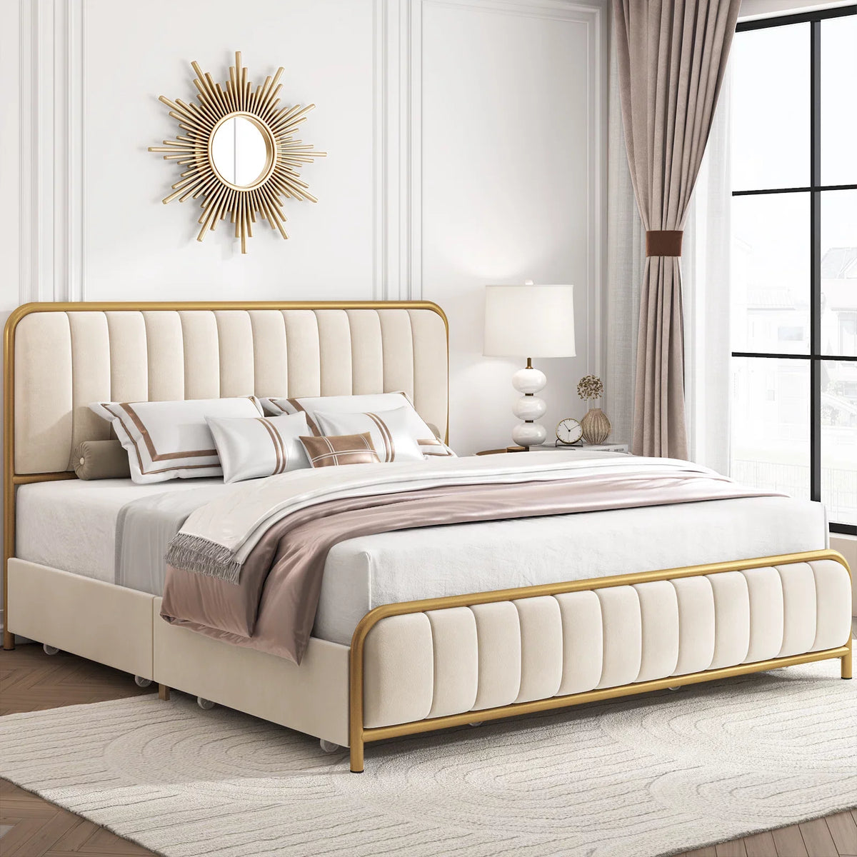 Queen Size Beige Upholstered Platform Bed with 4 Storage Drawers W214