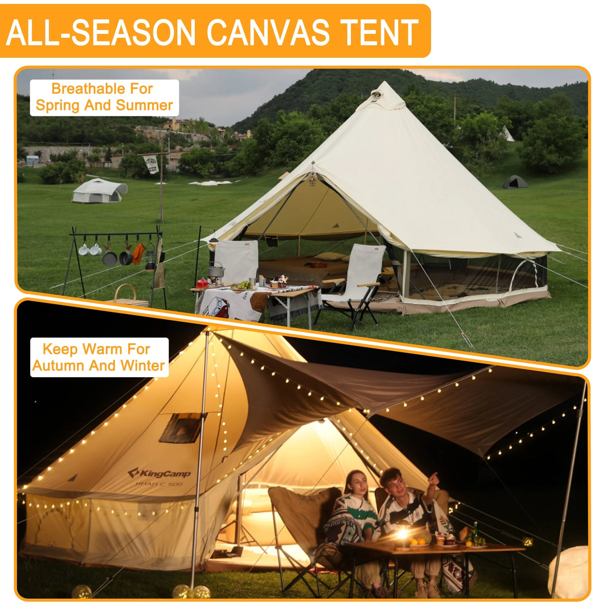 Canvas Bell Tent with Stove Jack Hole, 8-People 4 Seasons P34509
