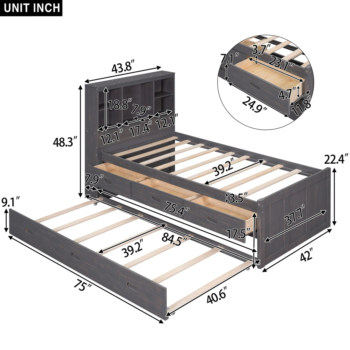 Twin Size Wood Platform Bed with Storage Headboard and Trundle R4869