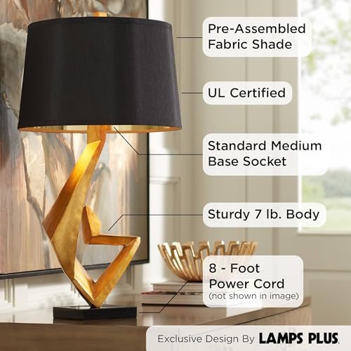 28.5" Tall Gold Leaf Metal Table Lamp with Black Fabric Shade O947113