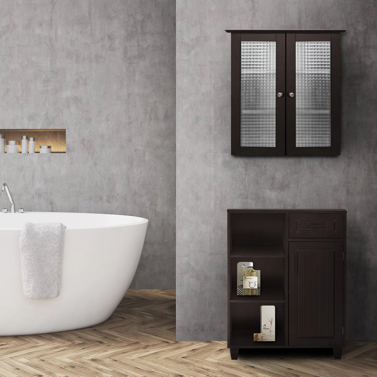 Wooden Wall Cabinet with 2 Glass Doors U6873