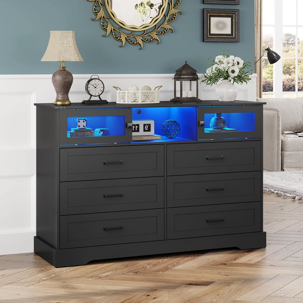 Black 6 Drawer Wood Dresser with 2 Sliding Doors N89079