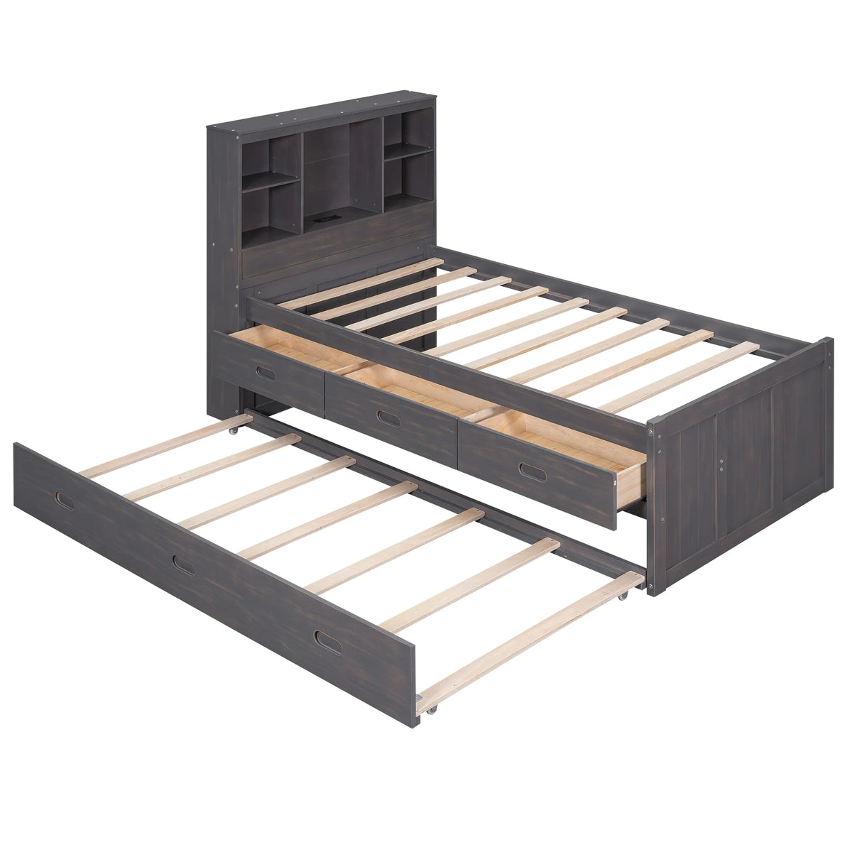 Twin Size Wood Platform Bed with Storage Headboard and Trundle R4869