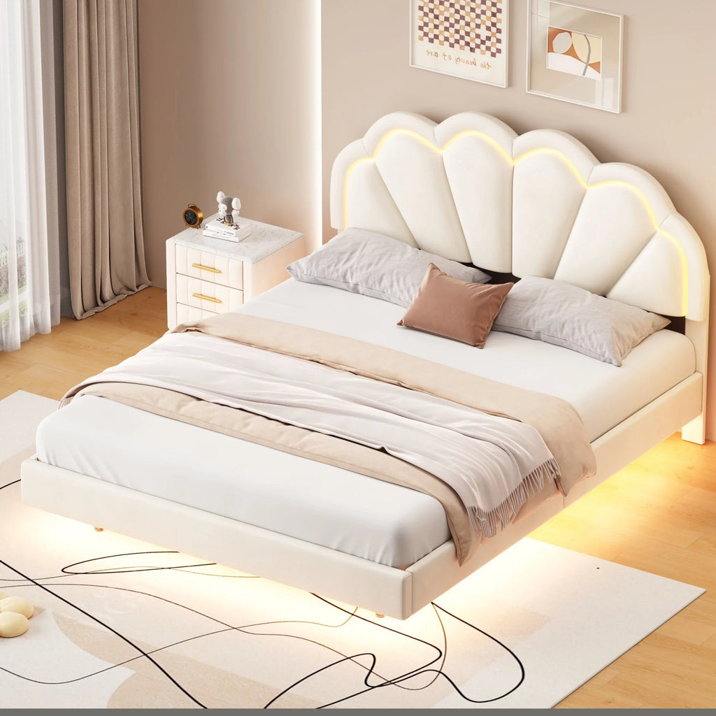 Queen Size Platform Bed Frame with LED - Beige G6299