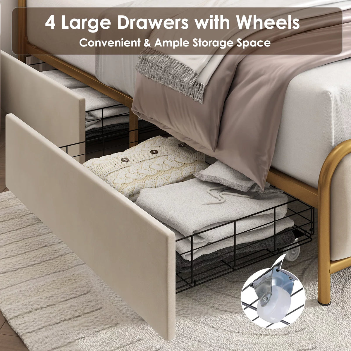 Queen Size Beige Upholstered Platform Bed with 4 Storage Drawers W214