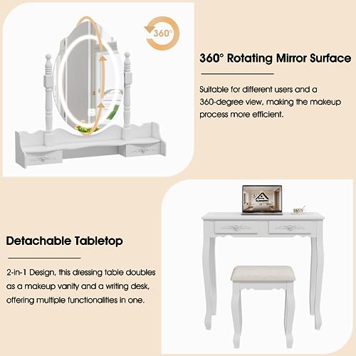 White Vanity Desk with Mirror and Lights, 4 Drawers and Cushioned Stool Set M3058